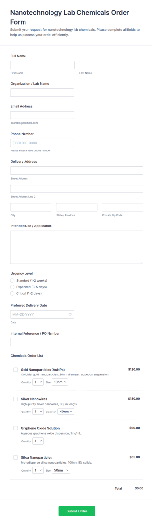 Nanotechnology Lab Chemicals Order Form Template