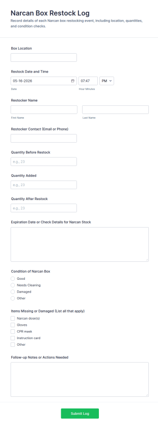 Narcan Box Restock Log Form Template