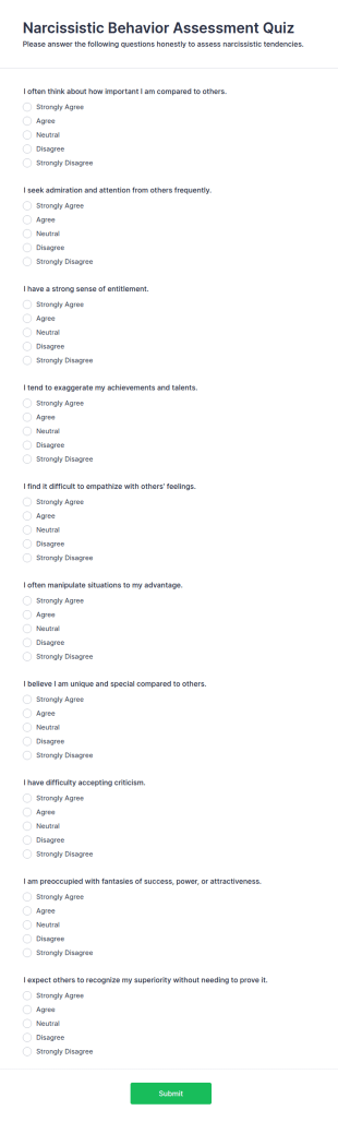 Narcissistic Behavior Assessment Quiz Form Template