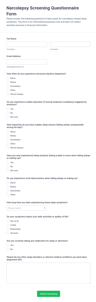Narcolepsy Screening Questionnaire Form Template