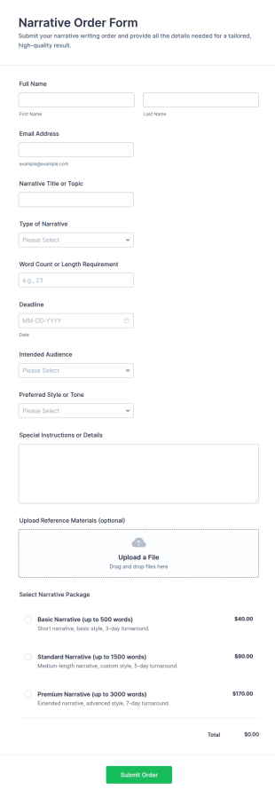 Narrative Order Form Template