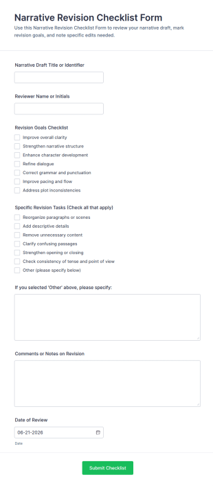 Narrative Revision Checklist Form Template