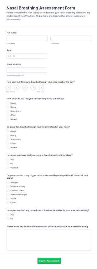 Nasal Breathing Assessment Form Template