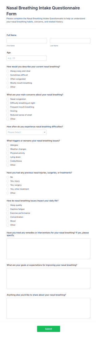 Nasal Breathing Intake Questionnaire Form Template