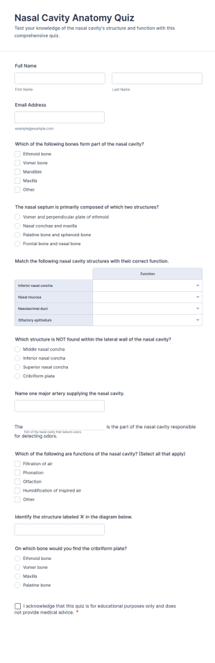 Nasal Cavity Anatomy Quiz Form Template