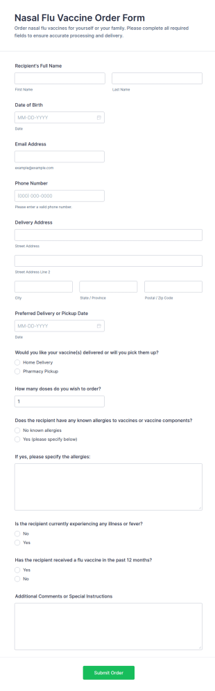 Nasal Flu Vaccine Order Form Template