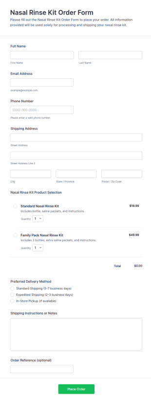 Nasal Rinse Kit Order Form Template
