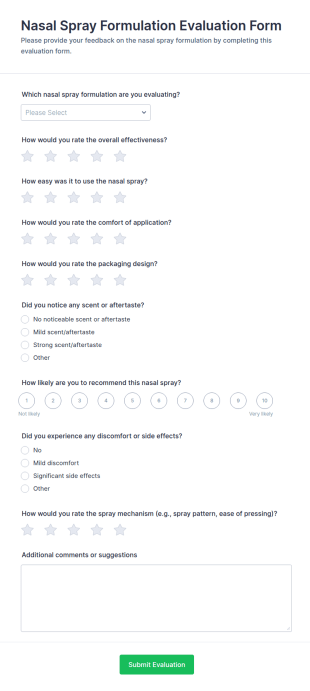 Nasal Spray Formulation Evaluation Form Template