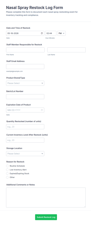 Nasal Spray Restock Log Form Template