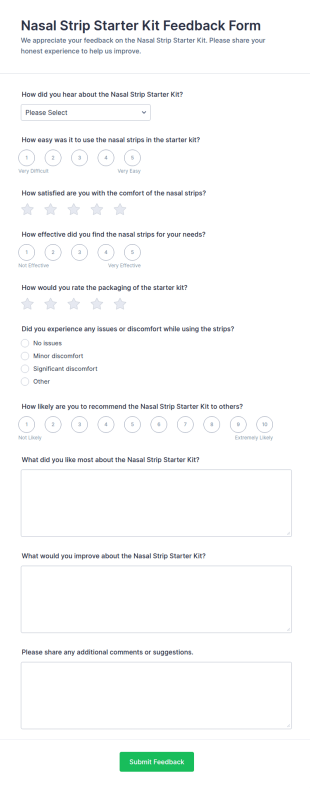 Nasal Strip Starter Kit Feedback Form Template