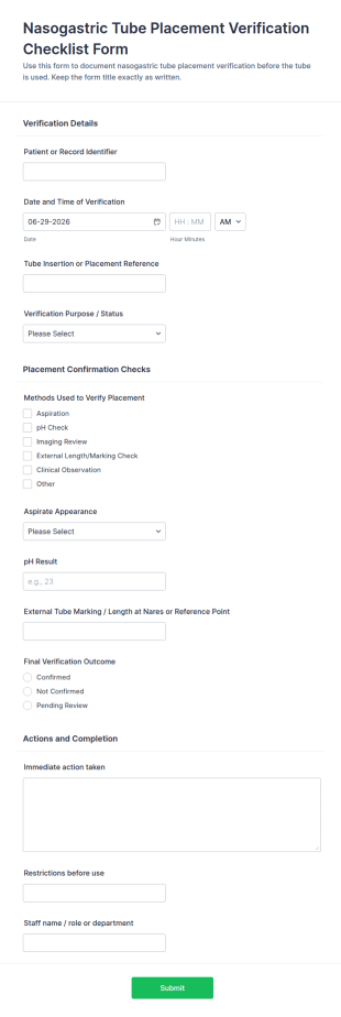 Nasogastric Tube Placement Verification Checklist Form Template