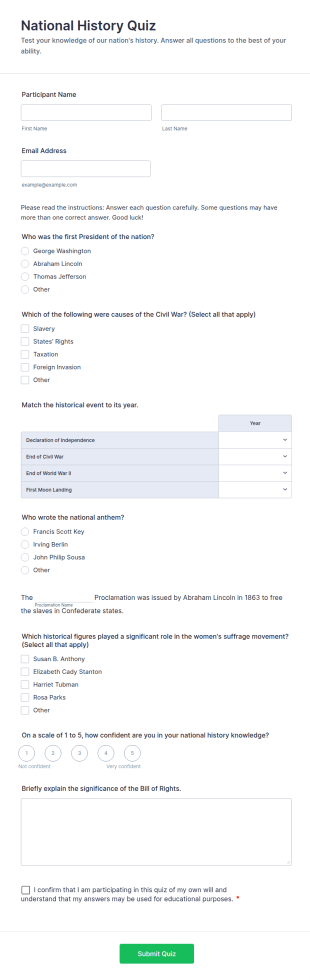 National History Quiz Form Template