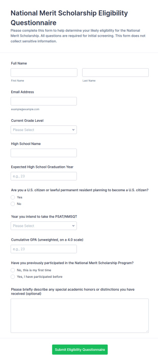 National Merit Scholarship Eligibility Questionnaire Form Template