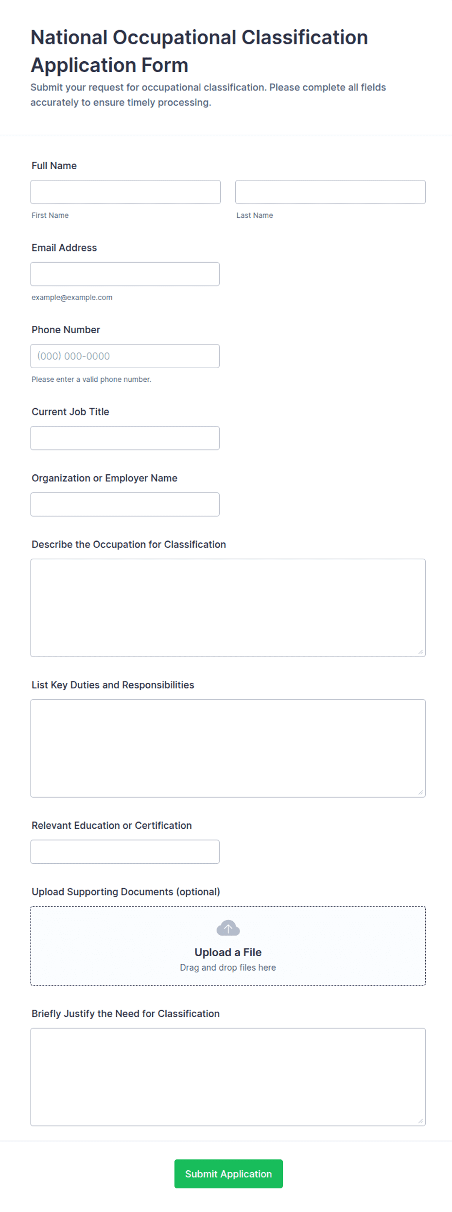 National Occupational Classification Application Form Template | Jotform