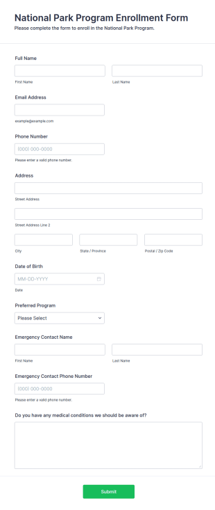National Park Program Enrollment Form Template