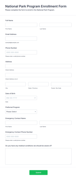 National Park Program Enrollment Form Template