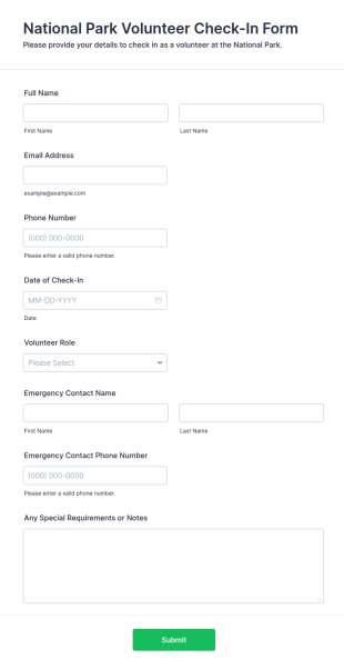 National Park Volunteer Check In Form Template