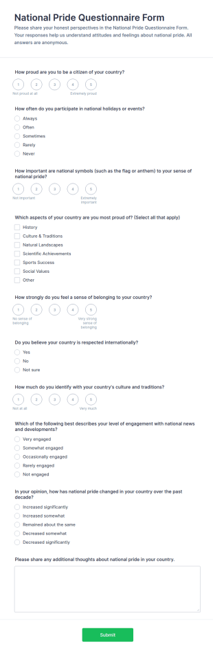 National Pride Questionnaire Form Template