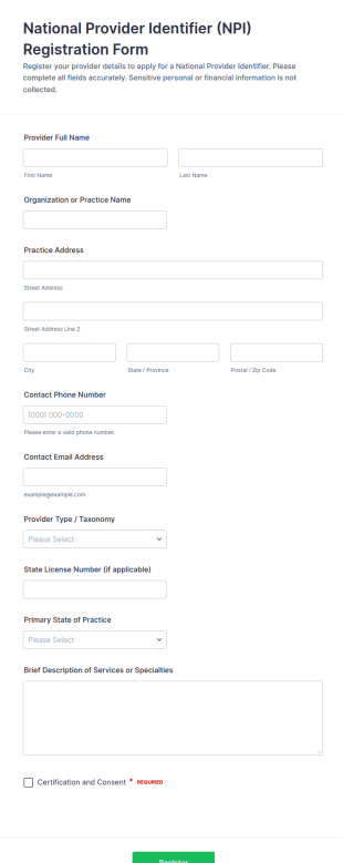 National Provider Identifier (NPI) Registration Form Template