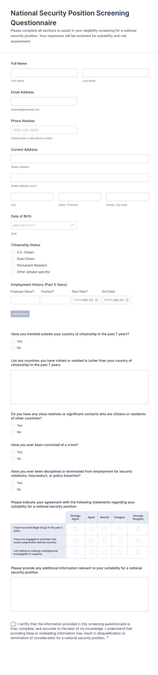 National Security Position Screening Questionnaire Form Template