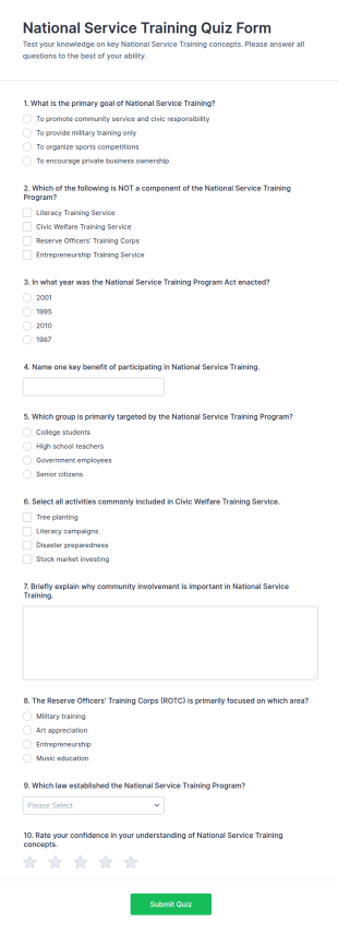 National Service Training Quiz Form Template