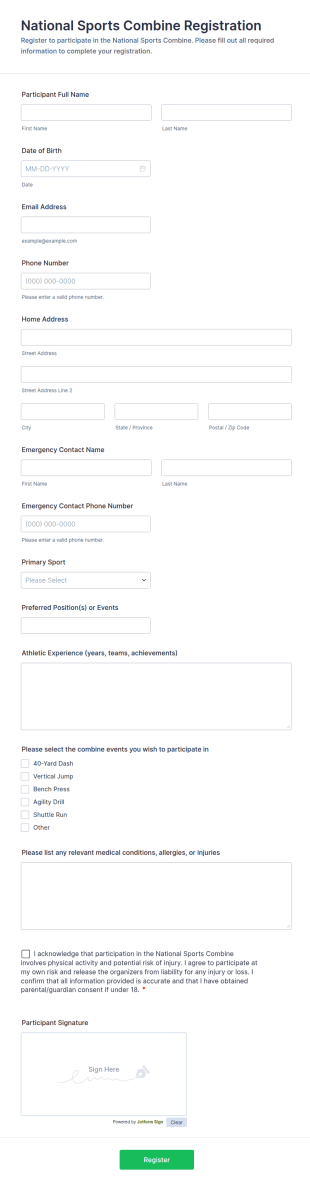 National Sports Combine Registration Form Template