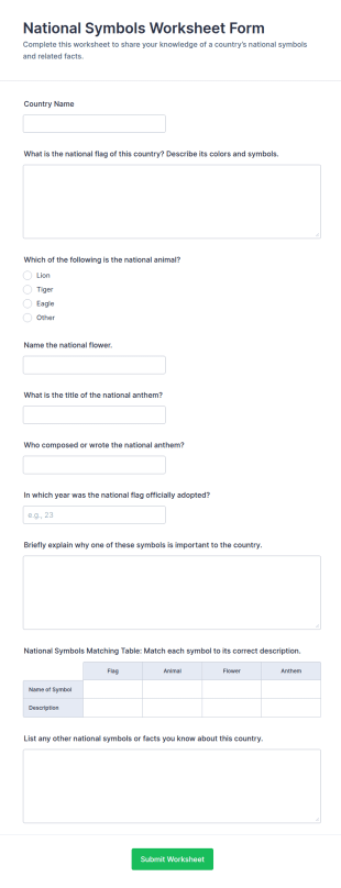 National Symbols Worksheet Form Template