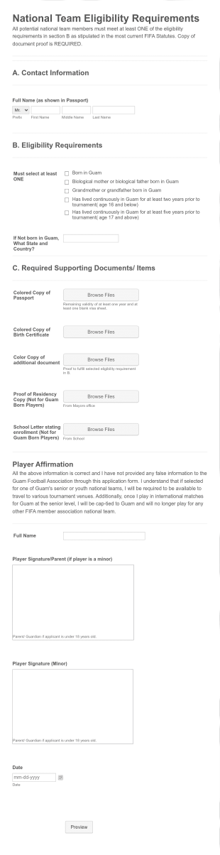 National Team Player Eligibility Form Template
