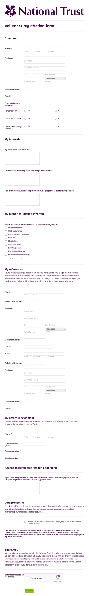 National Trust Volunteer Registration Form Template