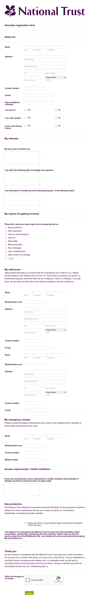 National Trust Volunteer Registration Form Template