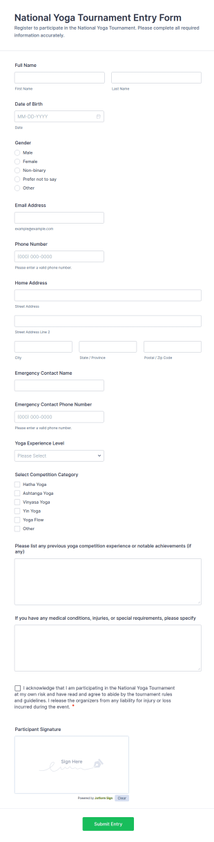 National Yoga Tournament Entry Form Template