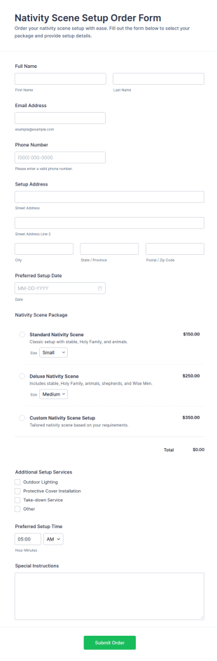 Nativity Scene Setup Order Form Template