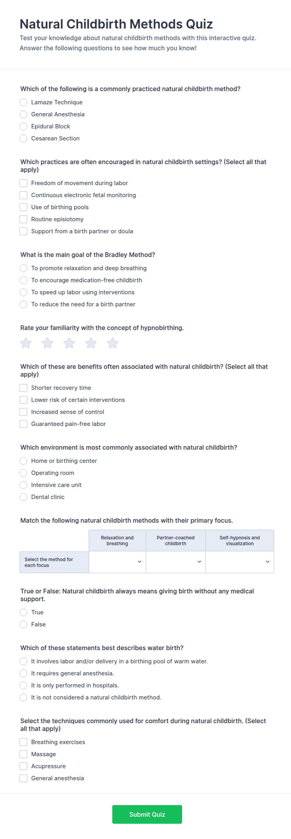 Natural Childbirth Methods Quiz Form Template | Jotform