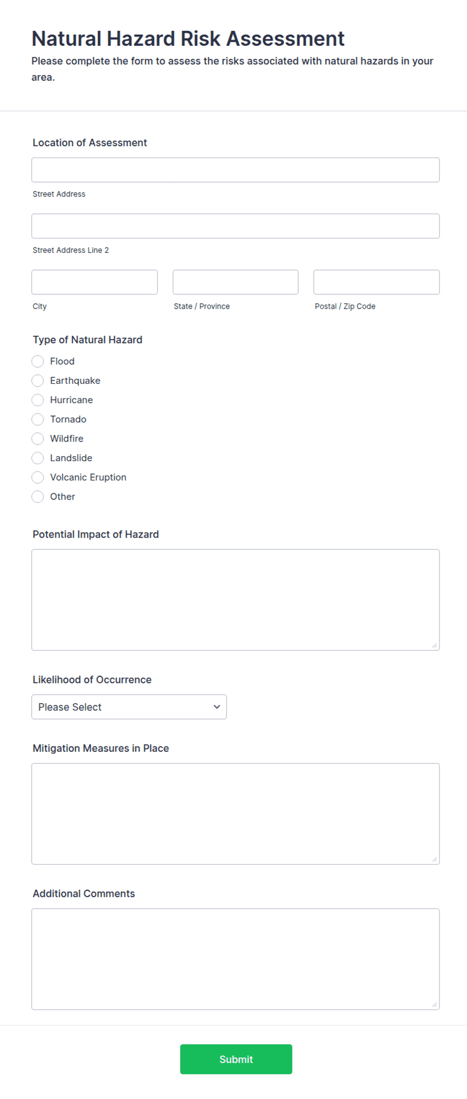 Natural Hazards Risk Matrix Example Natural Hazard Risk Assessment Form Template | Jotform