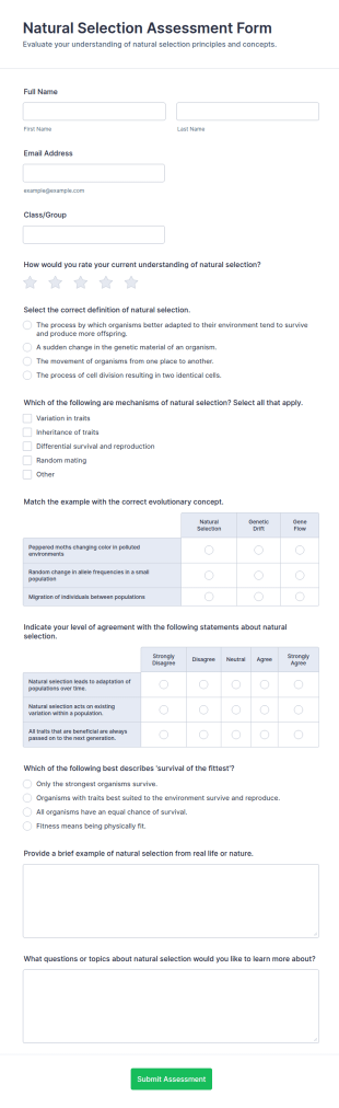 Natural Selection Assessment Form Template