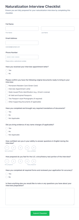 Naturalization Interview Checklist Form Template