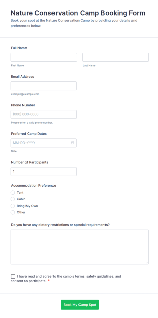 Nature Conservation Camp Booking Form Template
