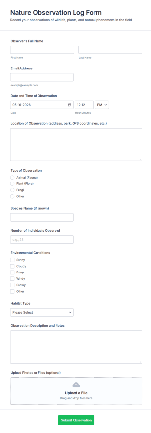 Nature Observation Log Form Template