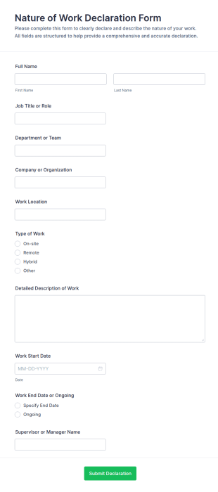 Nature Of Work Declaration Form Template