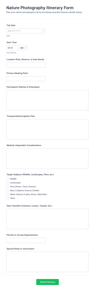Nature Photography Itinerary Form Template