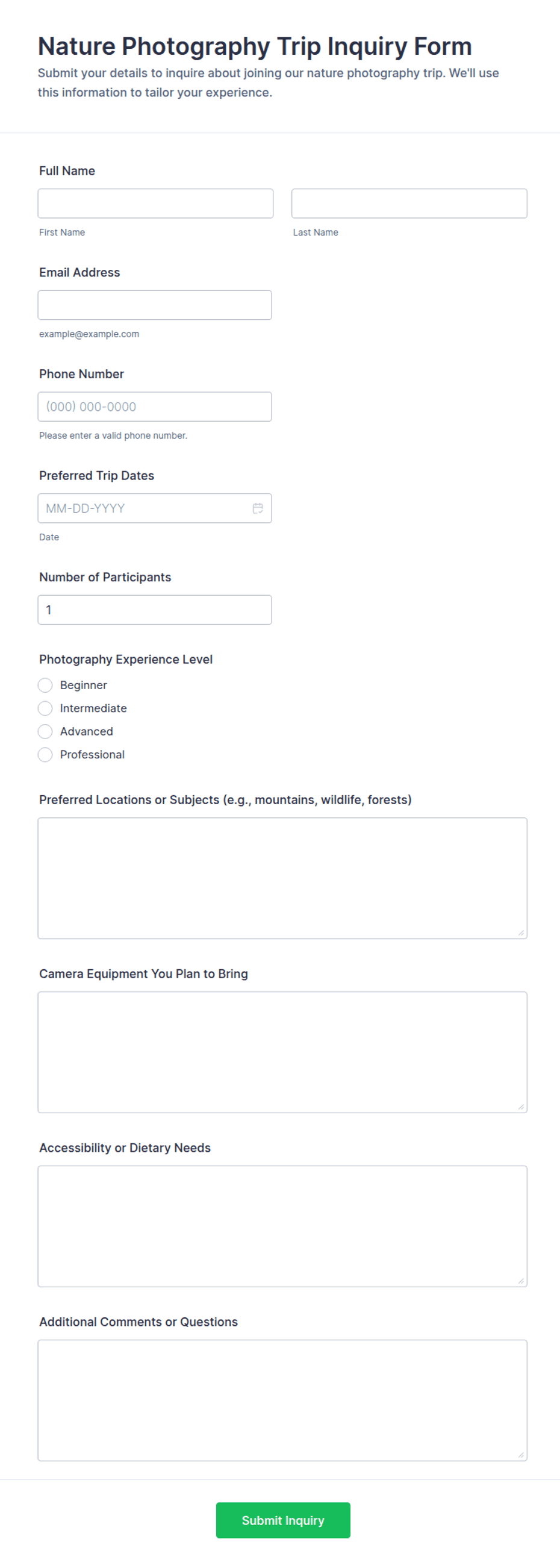 Nature Photography Trip Inquiry Form Template | Jotform