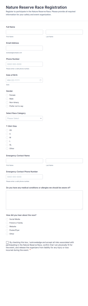 Nature Reserve Race Registration Form Template