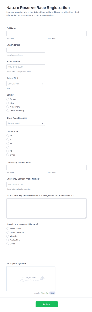 Nature Reserve Race Registration Form Template