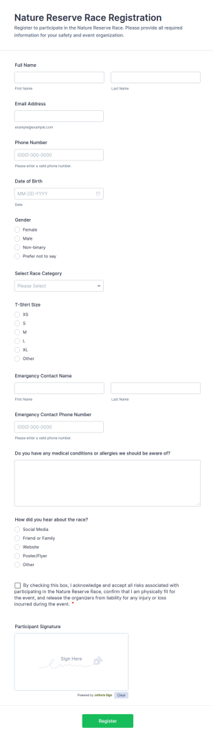 Nature Reserve Race Registration Form Template