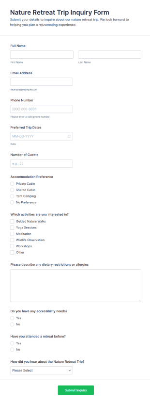 Nature Retreat Trip Inquiry Form Template