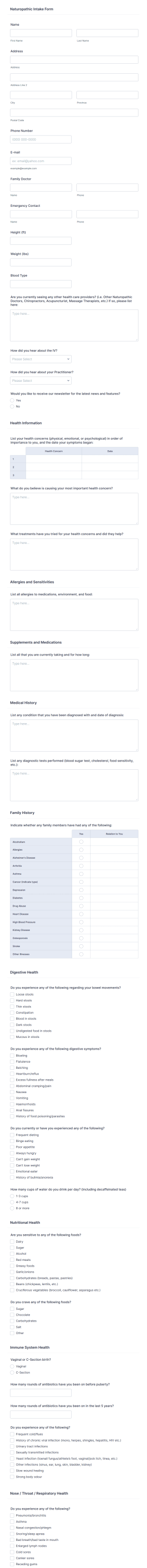 Naturopathic Intake Form Template