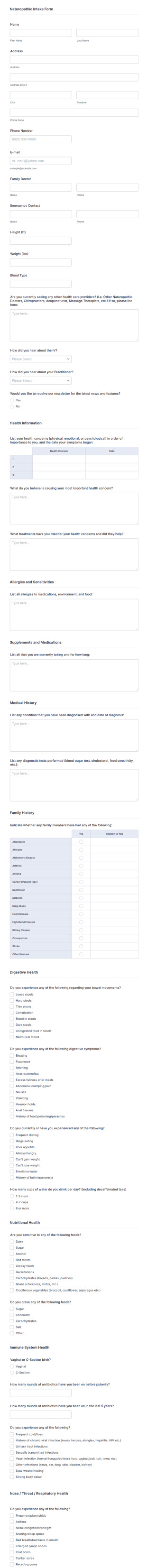 Naturopathic Intake Form Template