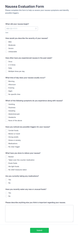 Nausea Evaluation Form Template