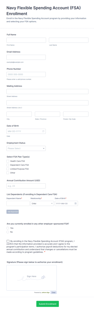 Navy Flexible Spending Account (FSA) Enrollment Form Template