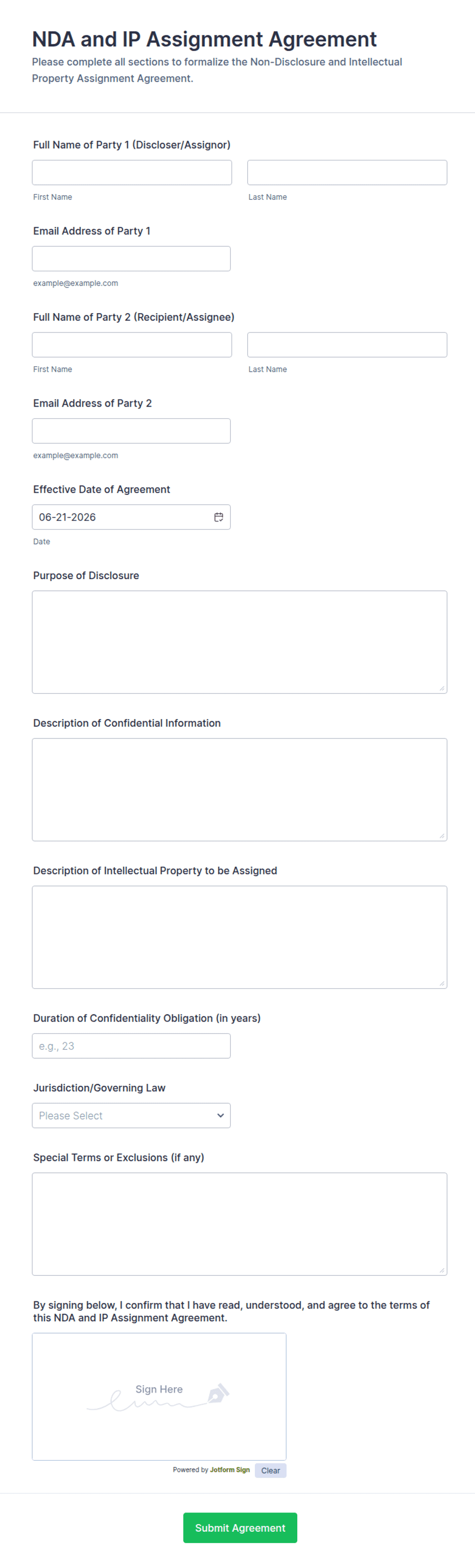 Ip Form Sample NDA and IP Assignment Agreement Form Template | Jotform